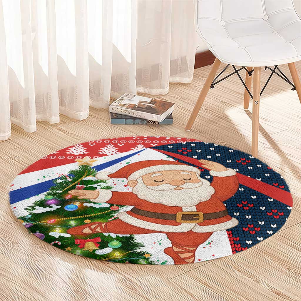 Russia Christmas Round Carpet with Dancing Santa Christmas Tree Lights and Red Snowflake - Wonder Print Shop