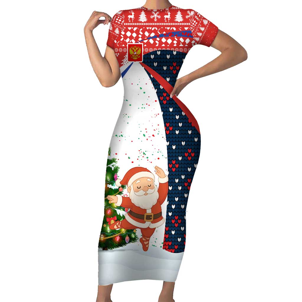 Russia Christmas Short Sleeve Bodycon Dress with Dancing Santa Christmas Tree Lights and Red Snowflake - Wonder Print Shop