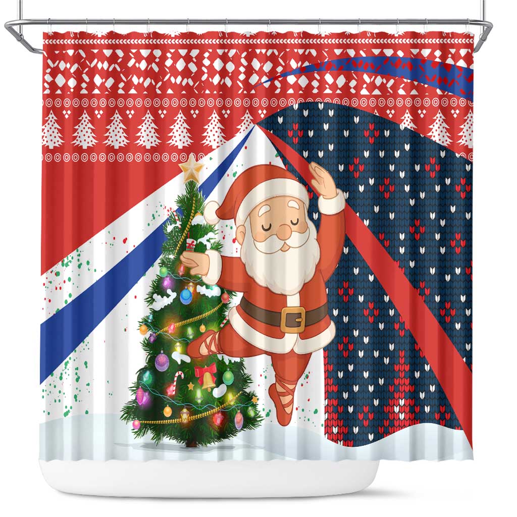 Russia Christmas Shower Curtain with Dancing Santa Christmas Tree Lights and Red Snowflake - Wonder Print Shop