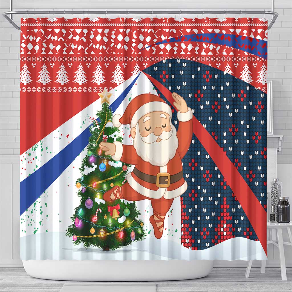 Russia Christmas Shower Curtain with Dancing Santa Christmas Tree Lights and Red Snowflake - Wonder Print Shop