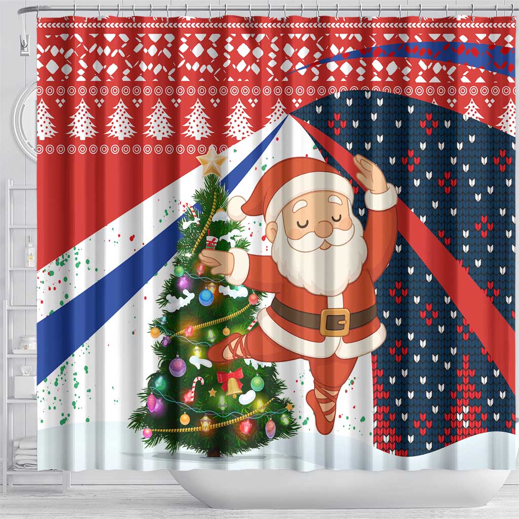 Russia Christmas Shower Curtain with Dancing Santa Christmas Tree Lights and Red Snowflake - Wonder Print Shop