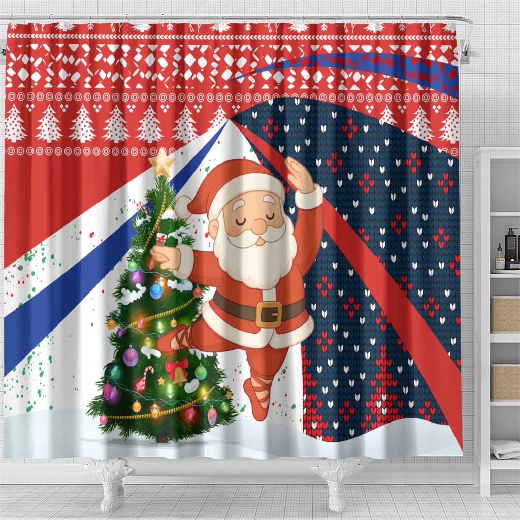 Russia Christmas Shower Curtain with Dancing Santa Christmas Tree Lights and Red Snowflake - Wonder Print Shop
