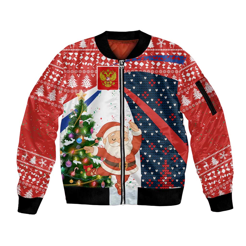 Russia Christmas Sleeve Zip Bomber Jacket with Dancing Santa Christmas Tree Lights and Red Snowflake - Wonder Print Shop