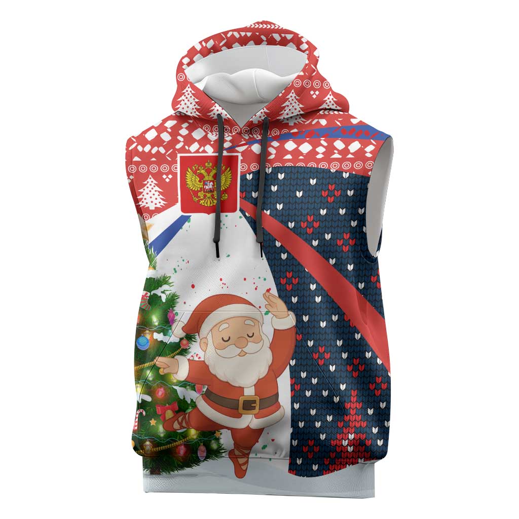 Russia Christmas Sleeveless Hoodie with Dancing Santa Christmas Tree Lights and Red Snowflake - Wonder Print Shop