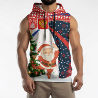 Russia Christmas Sleeveless Hoodie with Dancing Santa Christmas Tree Lights and Red Snowflake - Wonder Print Shop
