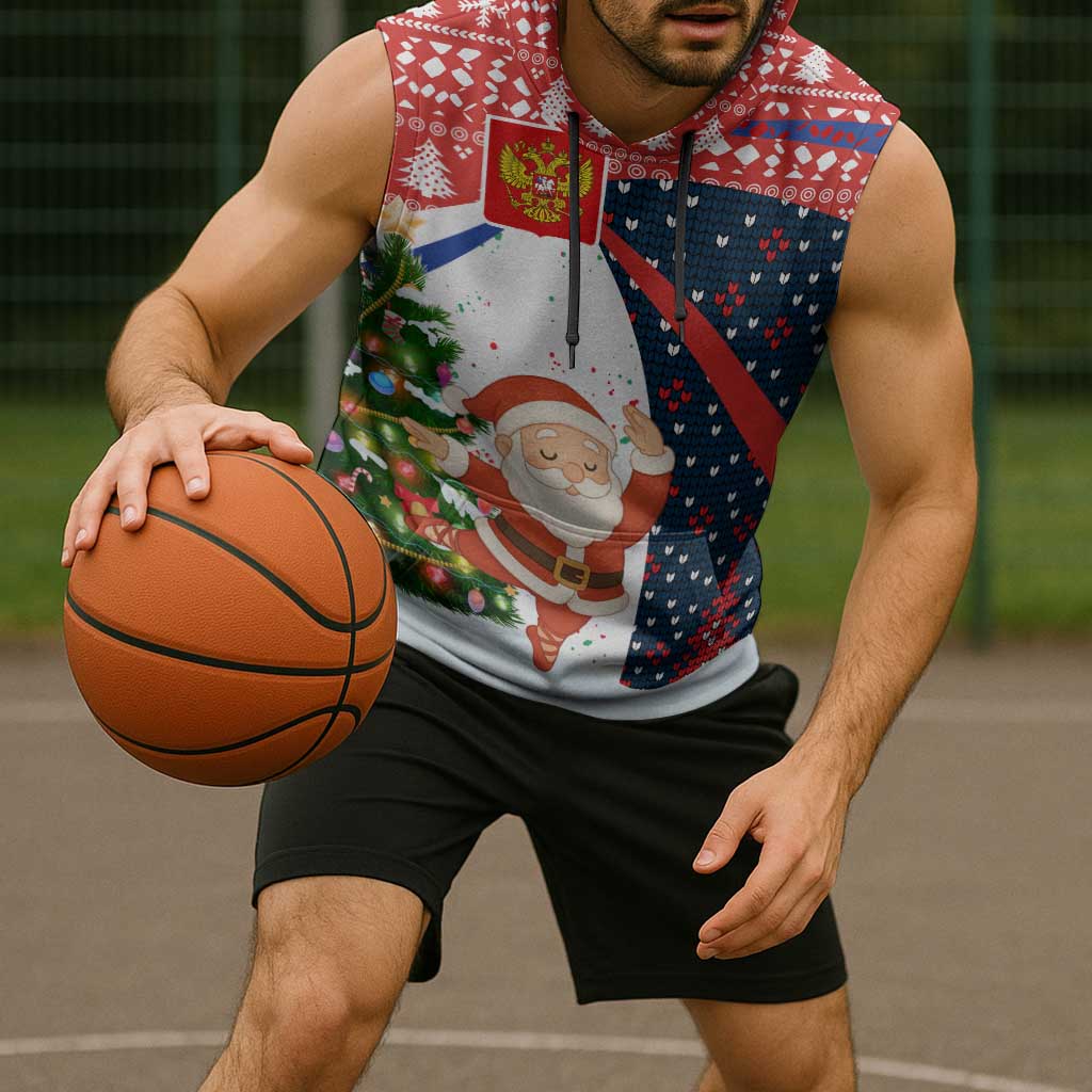 Russia Christmas Sleeveless Hoodie with Dancing Santa Christmas Tree Lights and Red Snowflake - Wonder Print Shop