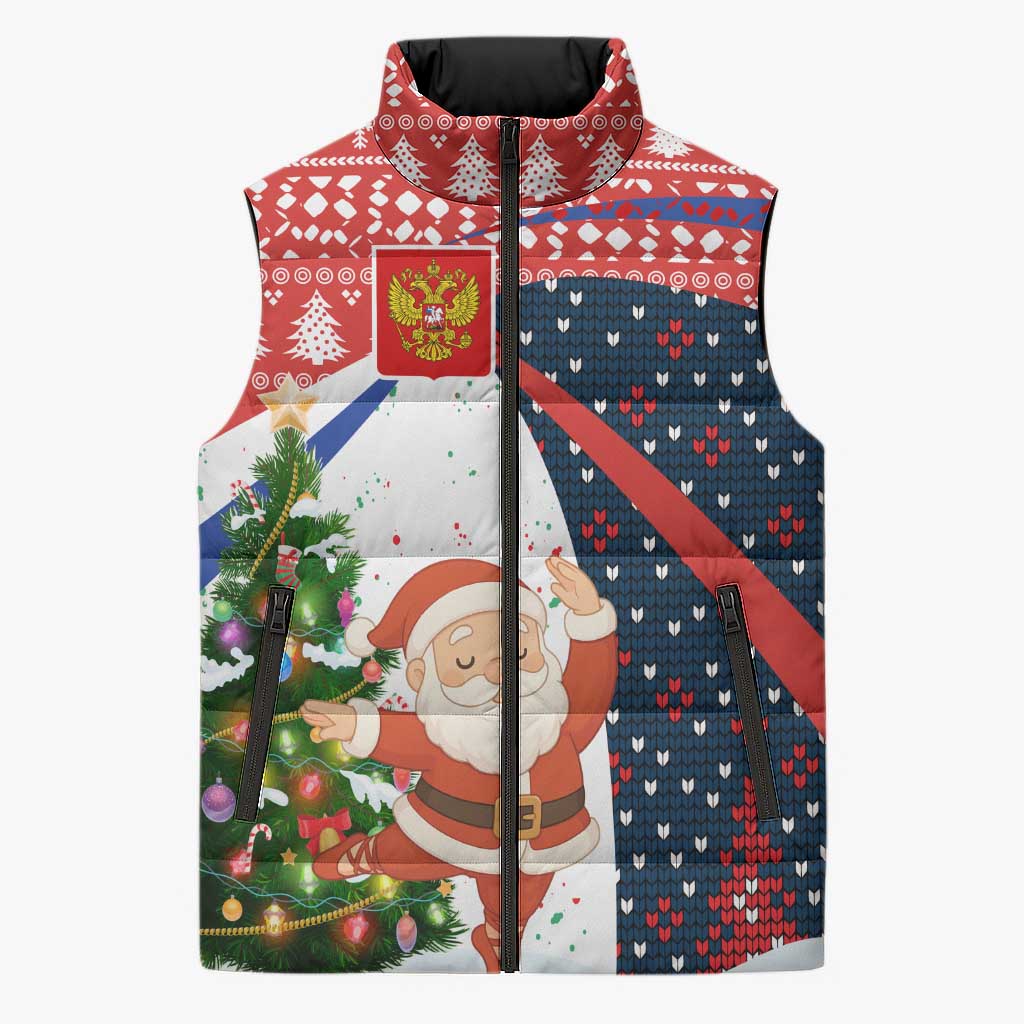Russia Christmas Sleeveless Puffer Jacket with Dancing Santa Christmas Tree Lights and Red Snowflake - Wonder Print Shop