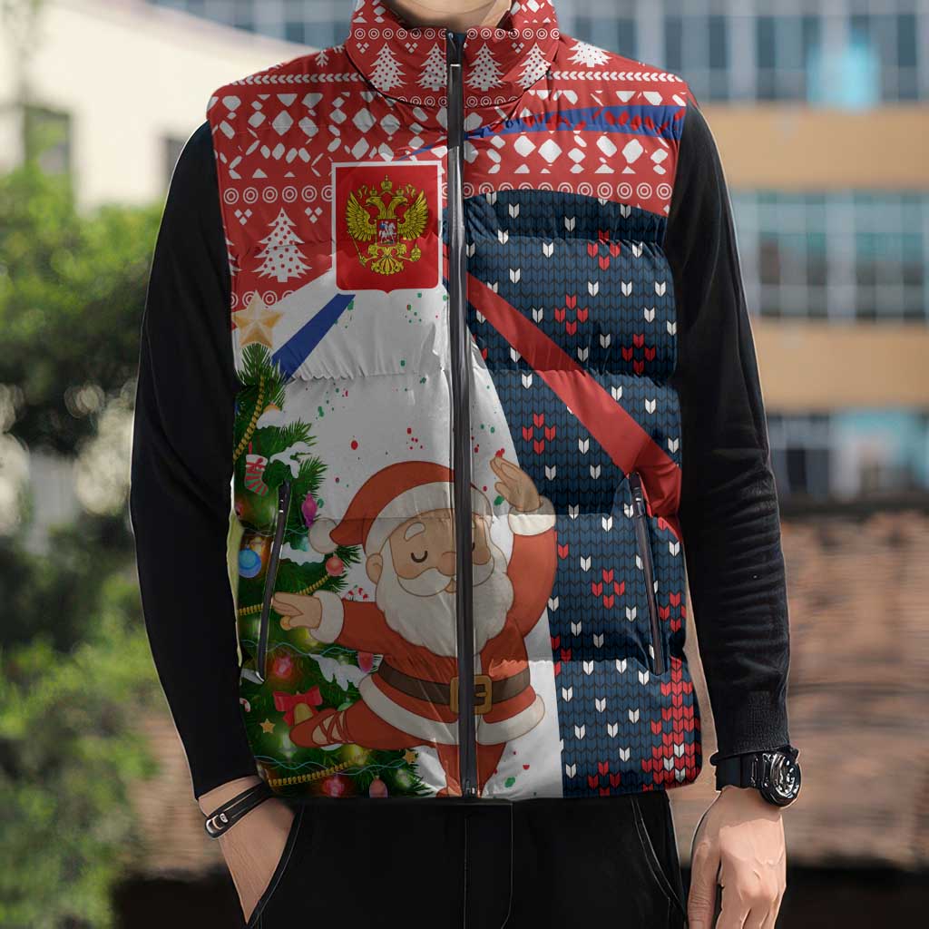 Russia Christmas Sleeveless Puffer Jacket with Dancing Santa Christmas Tree Lights and Red Snowflake - Wonder Print Shop