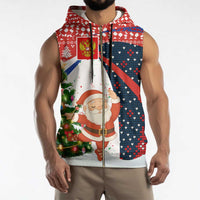 Russia Christmas Sleeveless Zip Hoodie with Dancing Santa Christmas Tree Lights and Red Snowflake - Wonder Print Shop
