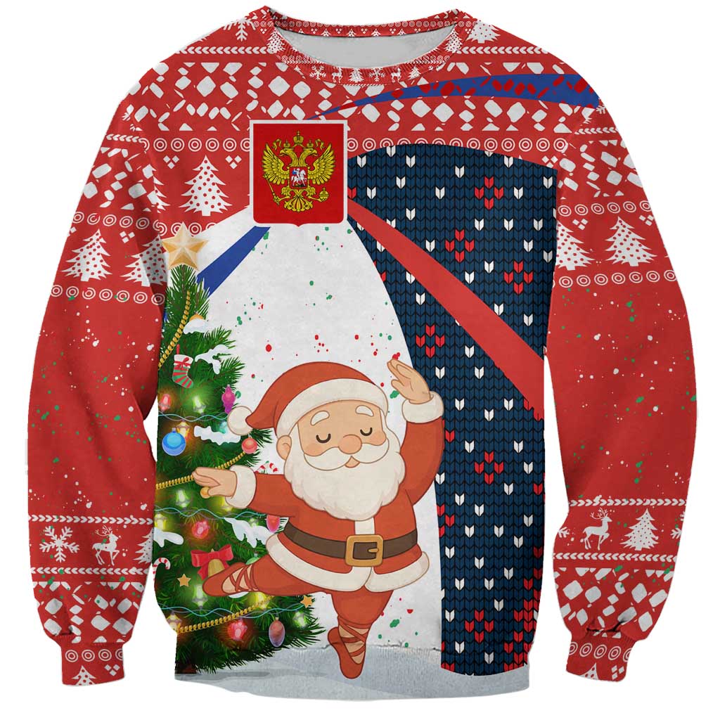 Russia Christmas Sweatshirt with Dancing Santa Christmas Tree Lights and Red Snowflake - Wonder Print Shop
