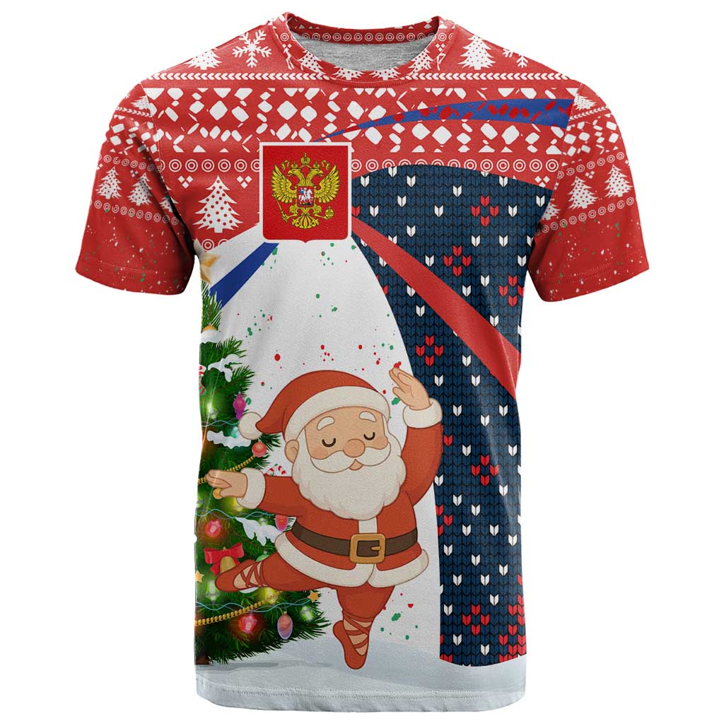 Russia Christmas T Shirt with Dancing Santa Christmas Tree Lights and Red Snowflake - Wonder Print Shop