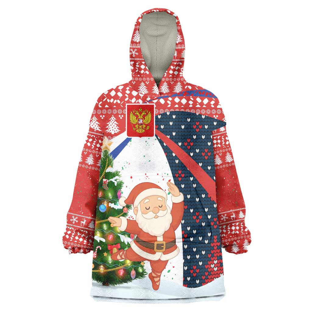 Russia Christmas Wearable Blanket Hoodie with Dancing Santa Christmas Tree Lights and Red Snowflake - Wonder Print Shop