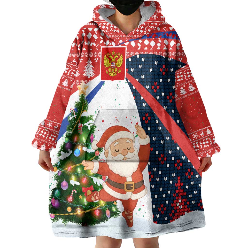 Russia Christmas Wearable Blanket Hoodie with Dancing Santa Christmas Tree Lights and Red Snowflake - Wonder Print Shop