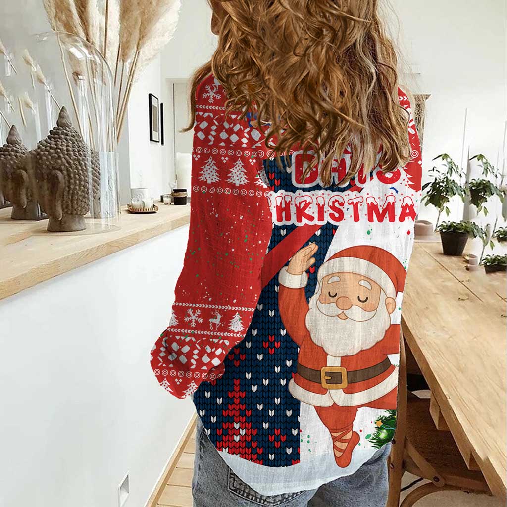 Russia Christmas Women Casual Shirt with Dancing Santa Christmas Tree Lights and Red Snowflake - Wonder Print Shop
