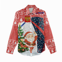 Russia Christmas Women Casual Shirt with Dancing Santa Christmas Tree Lights and Red Snowflake - Wonder Print Shop
