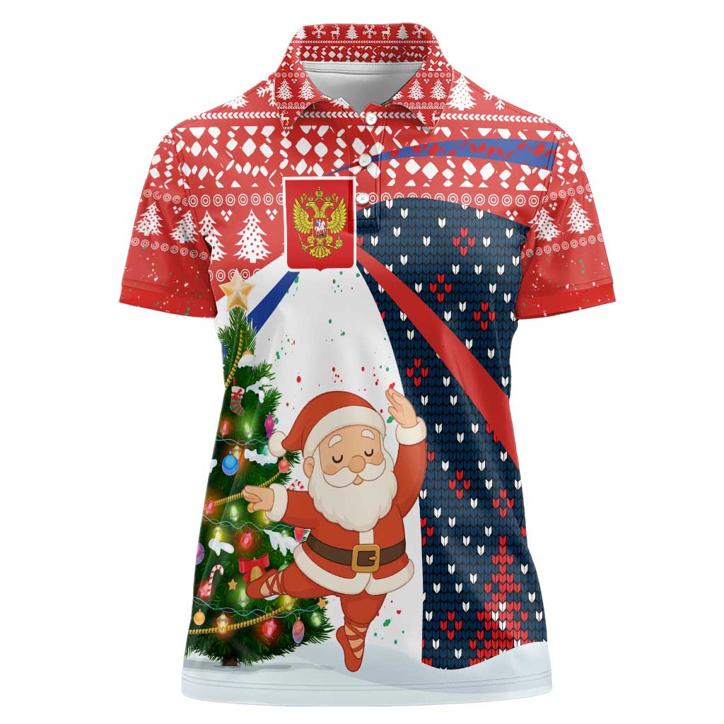 Russia Christmas Women Polo Shirt with Dancing Santa Christmas Tree Lights and Red Snowflake - Wonder Print Shop