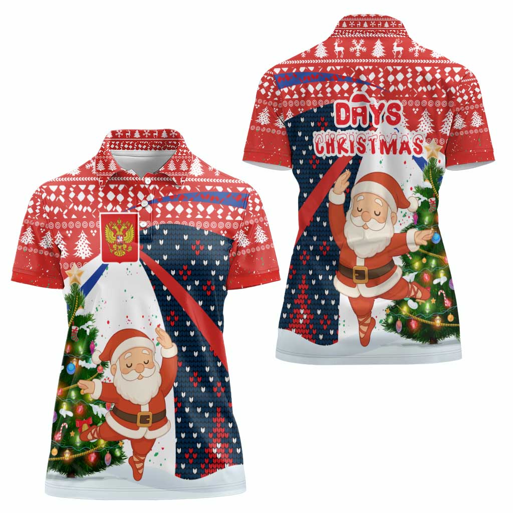 Russia Christmas Women Polo Shirt with Dancing Santa Christmas Tree Lights and Red Snowflake - Wonder Print Shop