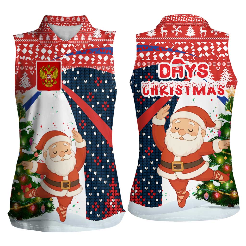 Russia Christmas Women Sleeveless Polo Shirt with Dancing Santa Christmas Tree Lights and Red Snowflake - Wonder Print Shop