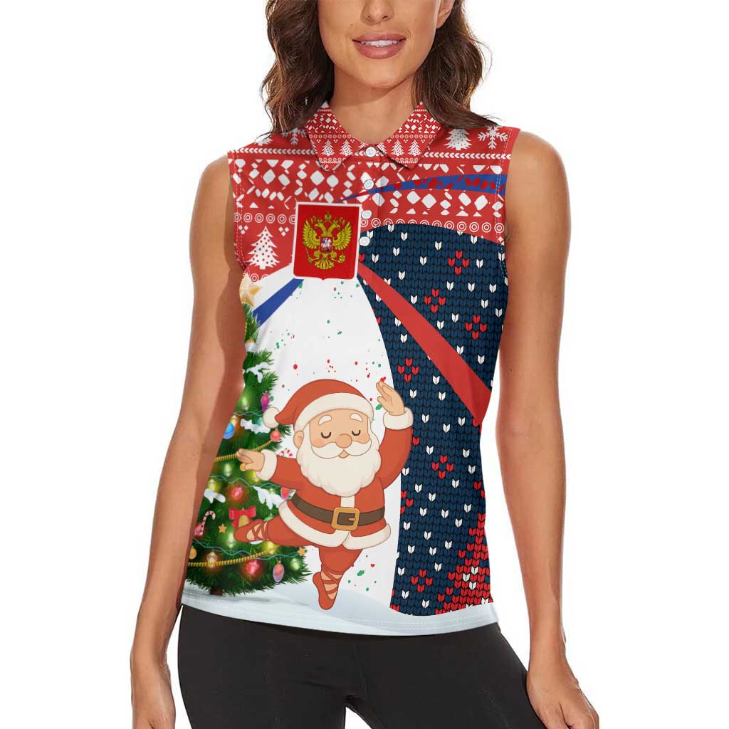 Russia Christmas Women Sleeveless Polo Shirt with Dancing Santa Christmas Tree Lights and Red Snowflake - Wonder Print Shop