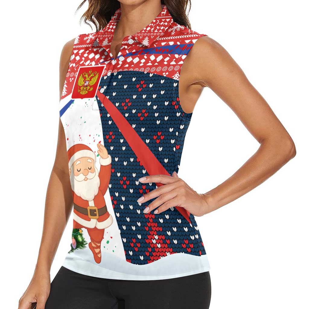 Russia Christmas Women Sleeveless Polo Shirt with Dancing Santa Christmas Tree Lights and Red Snowflake - Wonder Print Shop