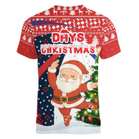 Russia Christmas Women V-Neck T-Shirt with Dancing Santa Christmas Tree Lights and Red Snowflake - Wonder Print Shop