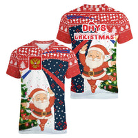 Russia Christmas Women V-Neck T-Shirt with Dancing Santa Christmas Tree Lights and Red Snowflake - Wonder Print Shop