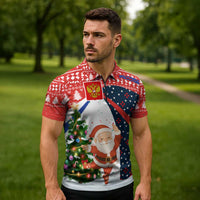 Russia Christmas Zipper Polo Shirt with Dancing Santa Christmas Tree Lights and Red Snowflake - Wonder Print Shop