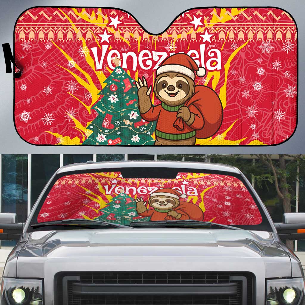 Venezuela Christmas Auto Sun Shade with Santa Sloth Christmas Tree Stars and Red Festive - Wonder Print Shop
