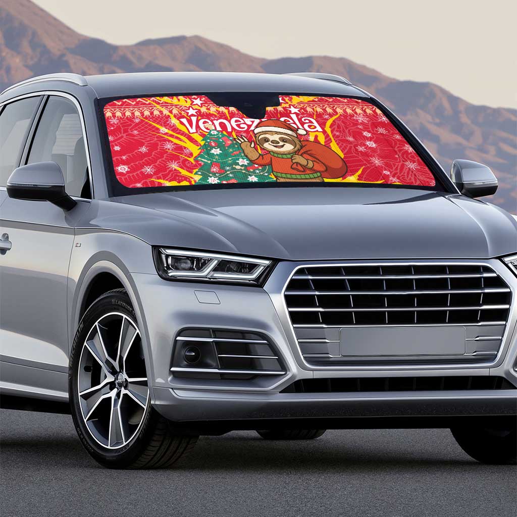 Venezuela Christmas Auto Sun Shade with Santa Sloth Christmas Tree Stars and Red Festive - Wonder Print Shop