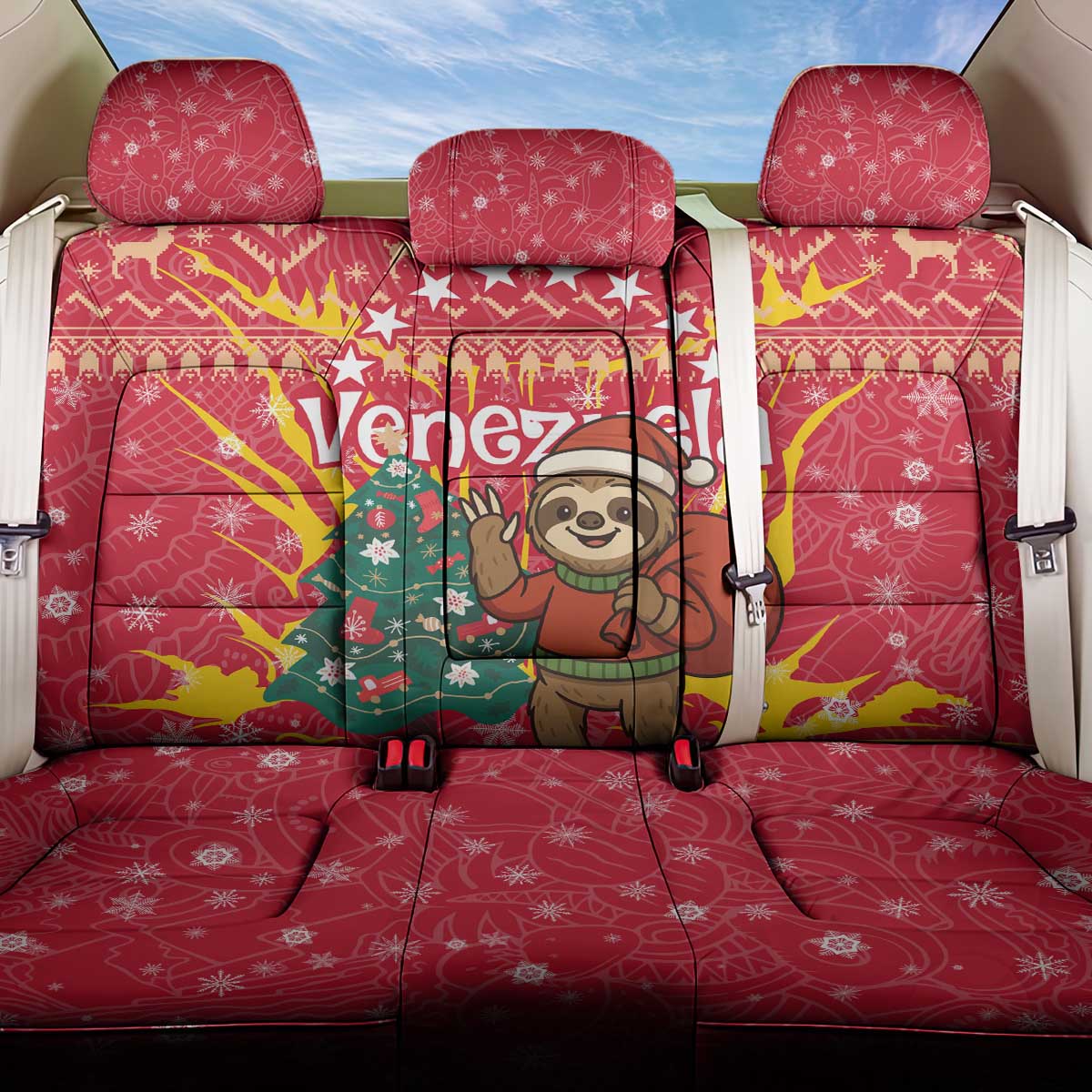 Venezuela Christmas Back Car Seat Cover with Santa Sloth Christmas Tree Stars and Red Festive - Wonder Print Shop