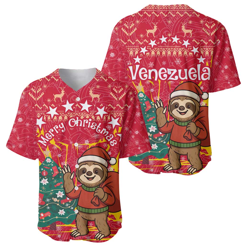 Venezuela Christmas Baseball Jersey with Santa Sloth Christmas Tree Stars and Red Festive - Wonder Print Shop