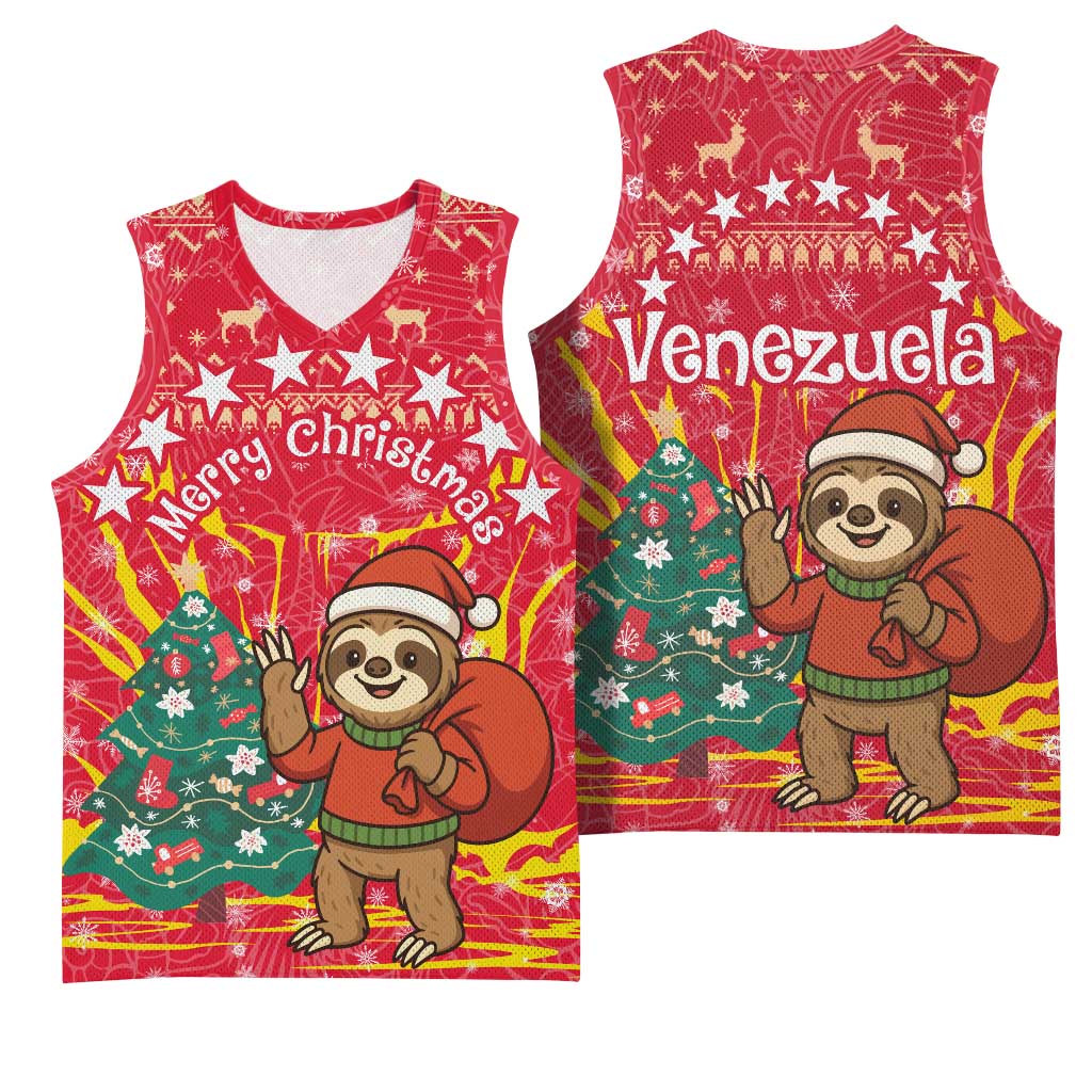 Venezuela Christmas Basketball Jersey with Santa Sloth Christmas Tree Stars and Red Festive - Wonder Print Shop