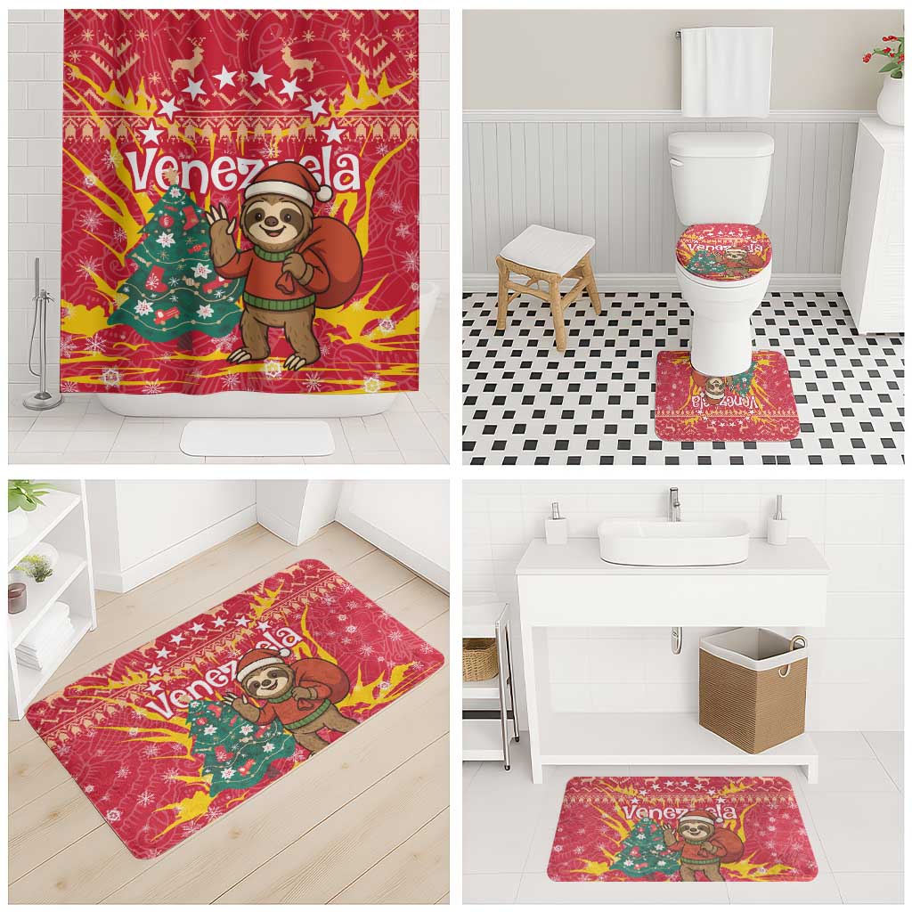 Venezuela Christmas Bathroom Set with Santa Sloth Christmas Tree Stars and Red Festive - Wonder Print Shop
