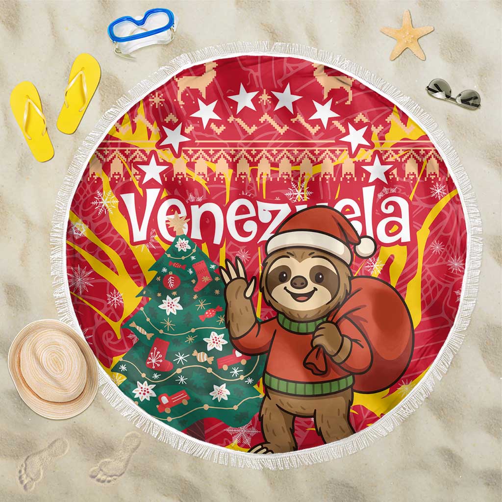 Venezuela Christmas Beach Blanket with Santa Sloth Christmas Tree Stars and Red Festive - Wonder Print Shop