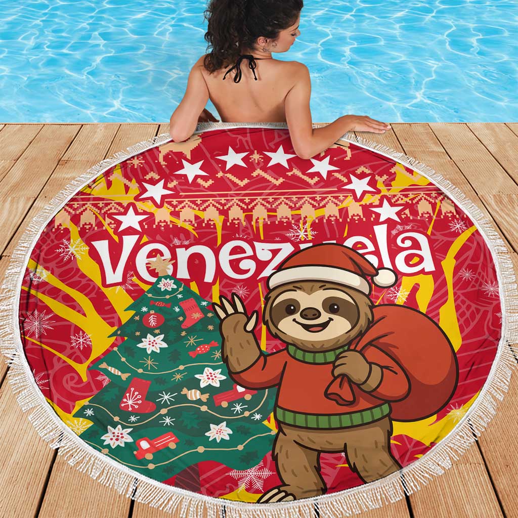 Venezuela Christmas Beach Blanket with Santa Sloth Christmas Tree Stars and Red Festive - Wonder Print Shop