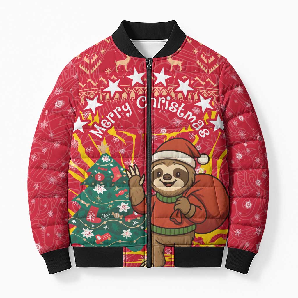 Venezuela Christmas Bomber Puffer Jacket with Santa Sloth Christmas Tree Stars and Red Festive - Wonder Print Shop