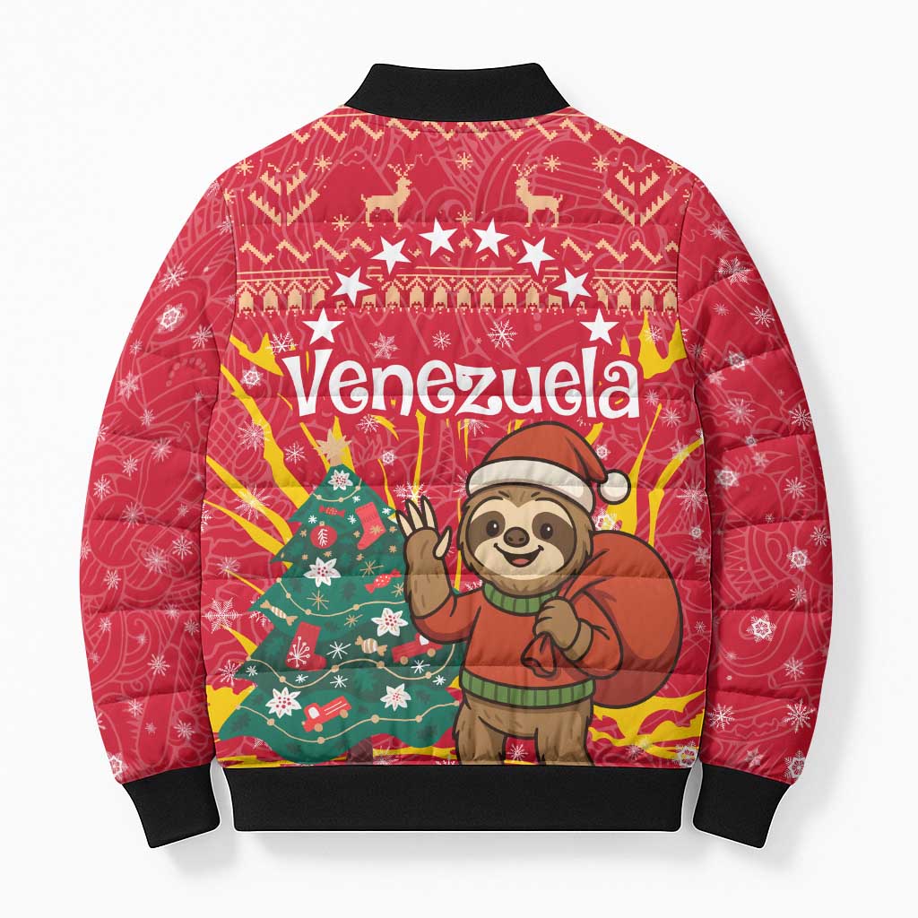 Venezuela Christmas Bomber Puffer Jacket with Santa Sloth Christmas Tree Stars and Red Festive - Wonder Print Shop