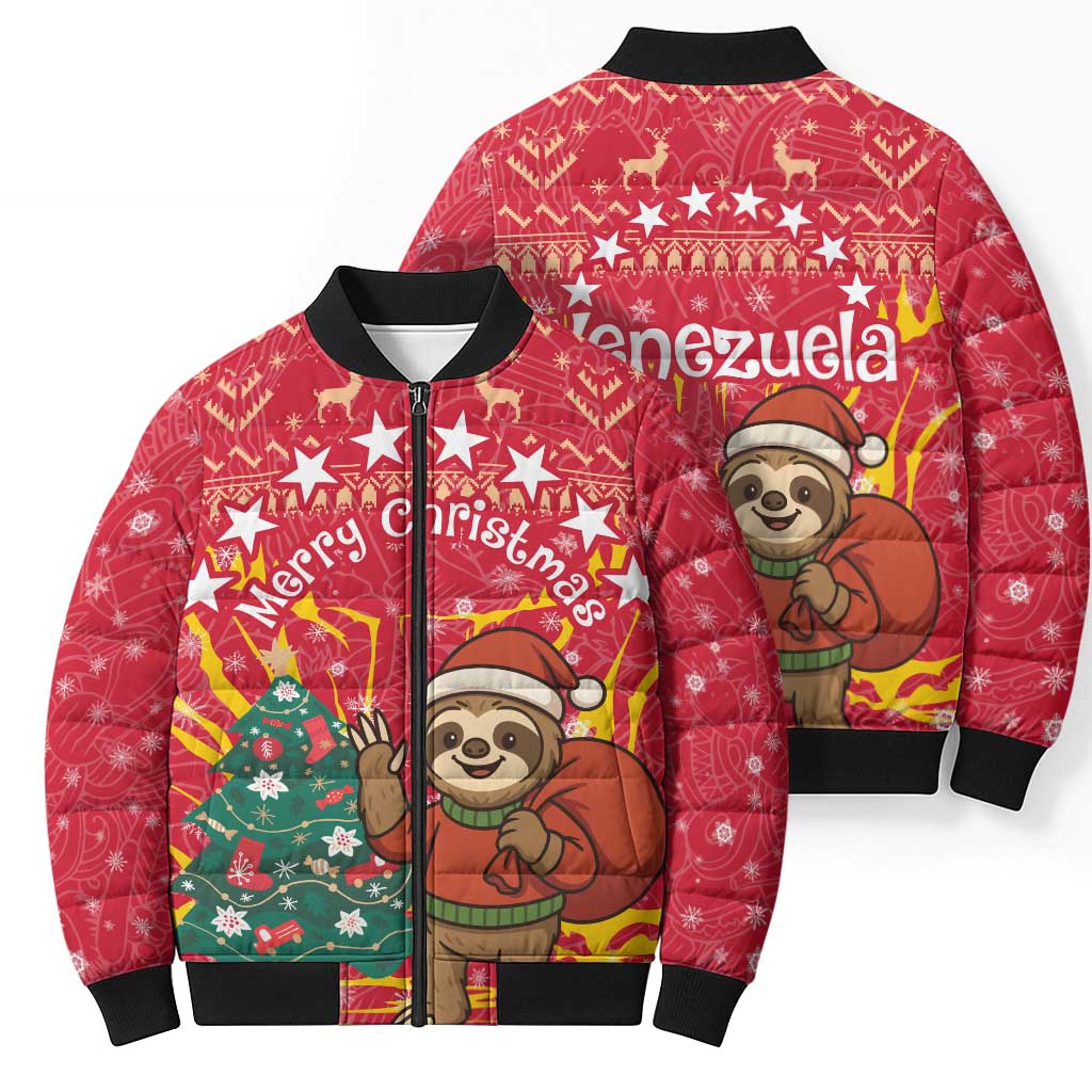 Venezuela Christmas Bomber Puffer Jacket with Santa Sloth Christmas Tree Stars and Red Festive - Wonder Print Shop