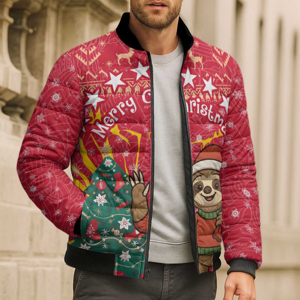 Venezuela Christmas Bomber Puffer Jacket with Santa Sloth Christmas Tree Stars and Red Festive - Wonder Print Shop