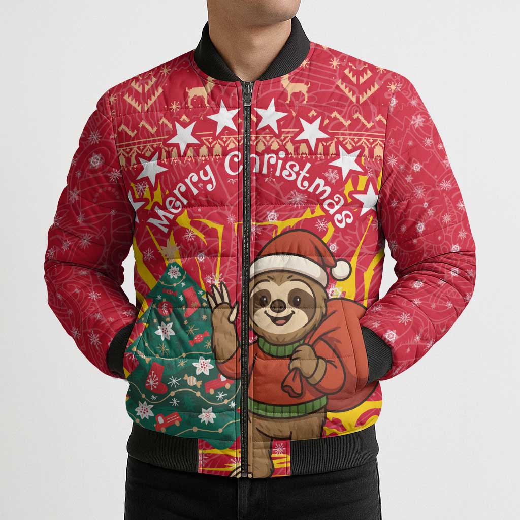 Venezuela Christmas Bomber Puffer Jacket with Santa Sloth Christmas Tree Stars and Red Festive - Wonder Print Shop