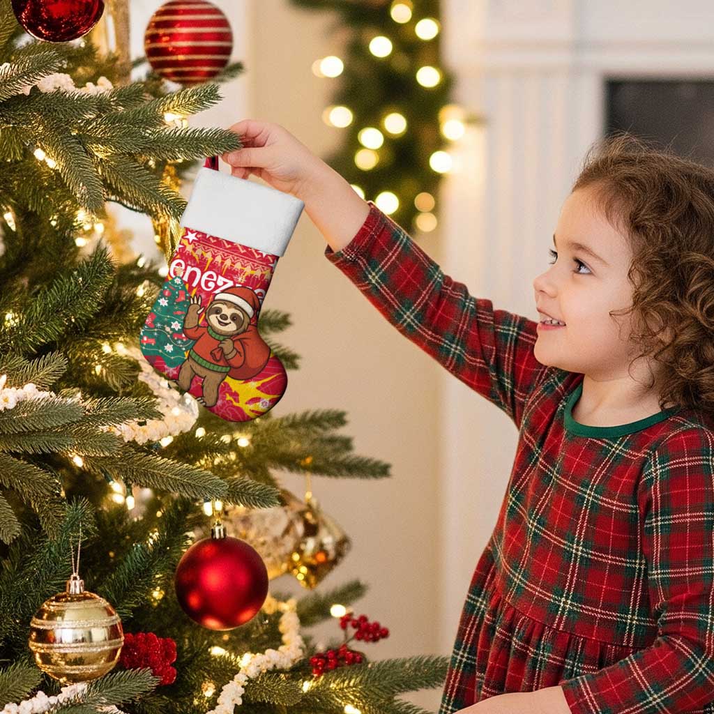 Venezuela Christmas Stocking with Santa Sloth Christmas Tree Stars and Red Festive - Wonder Print Shop