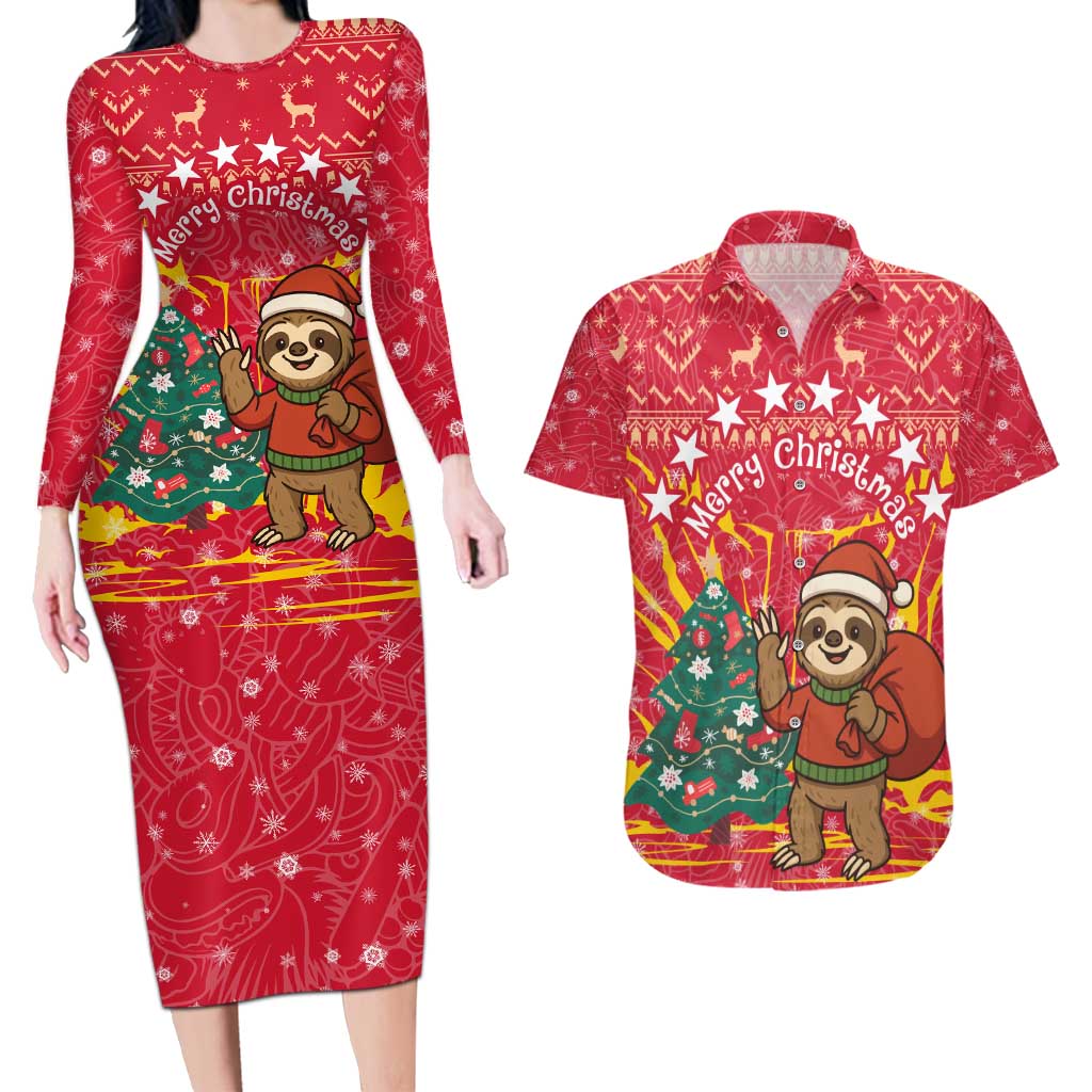 Venezuela Christmas Couples Matching Long Sleeve Bodycon Dress and Hawaiian Shirt with Santa Sloth Christmas Tree Stars and Red Festive - Wonder Print Shop