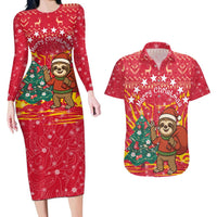 Venezuela Christmas Couples Matching Long Sleeve Bodycon Dress and Hawaiian Shirt with Santa Sloth Christmas Tree Stars and Red Festive - Wonder Print Shop
