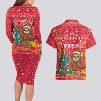 Venezuela Christmas Couples Matching Long Sleeve Bodycon Dress and Hawaiian Shirt with Santa Sloth Christmas Tree Stars and Red Festive - Wonder Print Shop