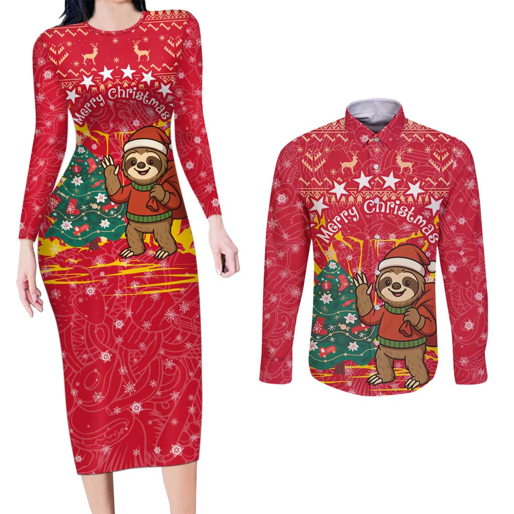 Venezuela Christmas Couples Matching Long Sleeve Bodycon Dress and Long Sleeve Button Shirt with Santa Sloth Christmas Tree Stars and Red Festive - Wonder Print Shop