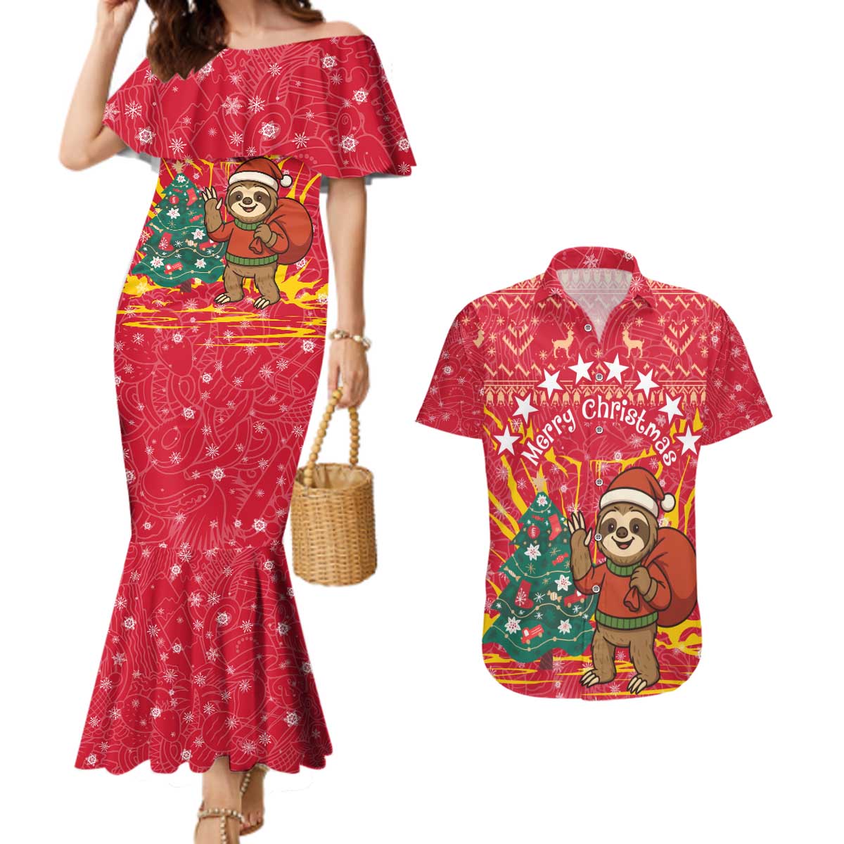 Venezuela Christmas Couples Matching Mermaid Dress and Hawaiian Shirt with Santa Sloth Christmas Tree Stars and Red Festive - Wonder Print Shop
