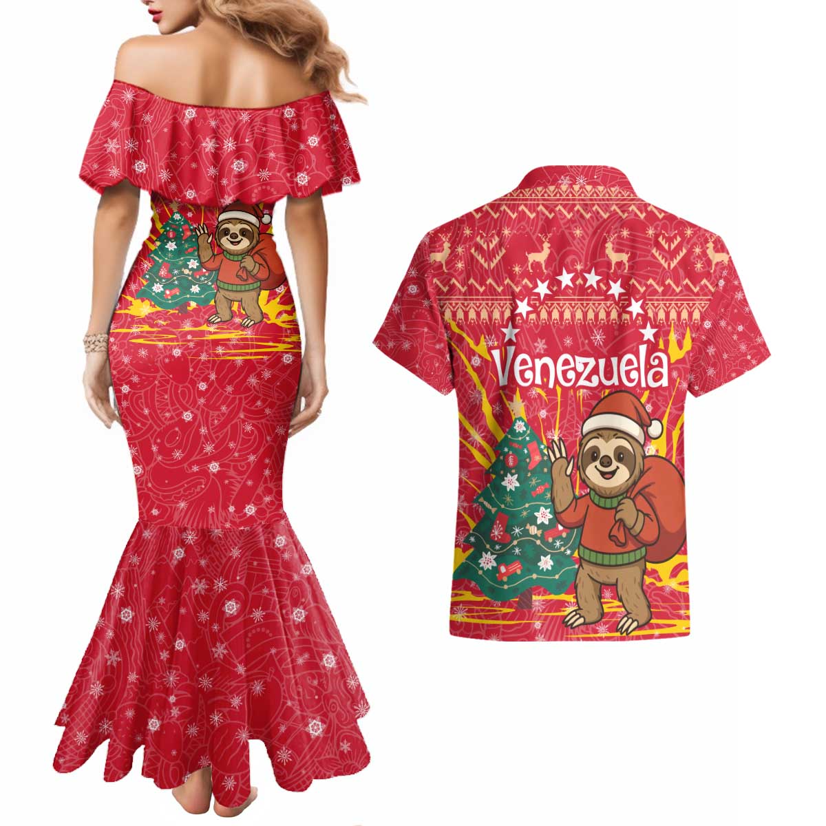 Venezuela Christmas Couples Matching Mermaid Dress and Hawaiian Shirt with Santa Sloth Christmas Tree Stars and Red Festive - Wonder Print Shop