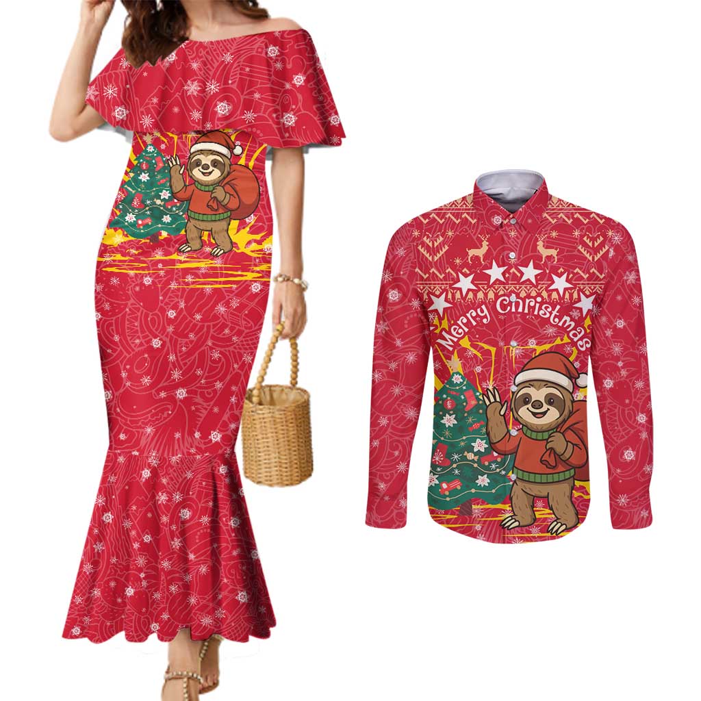 Venezuela Christmas Couples Matching Mermaid Dress and Long Sleeve Button Shirt with Santa Sloth Christmas Tree Stars and Red Festive - Wonder Print Shop