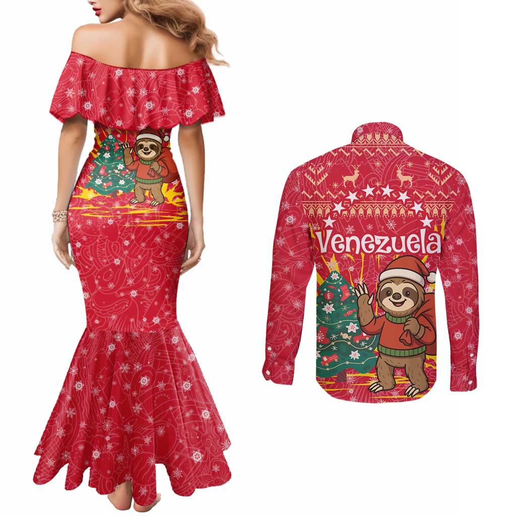 Venezuela Christmas Couples Matching Mermaid Dress and Long Sleeve Button Shirt with Santa Sloth Christmas Tree Stars and Red Festive - Wonder Print Shop