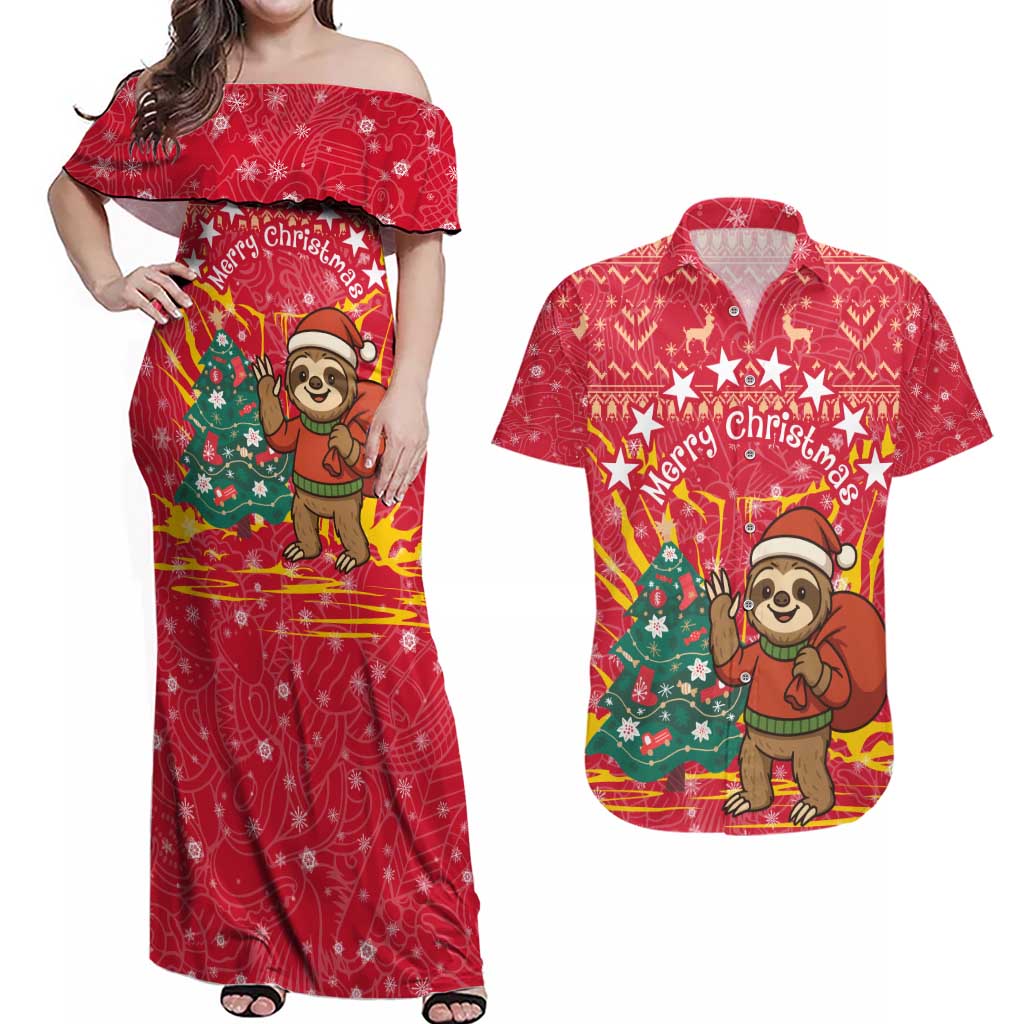 Venezuela Christmas Couples Matching Off Shoulder Maxi Dress and Hawaiian Shirt with Santa Sloth Christmas Tree Stars and Red Festive - Wonder Print Shop